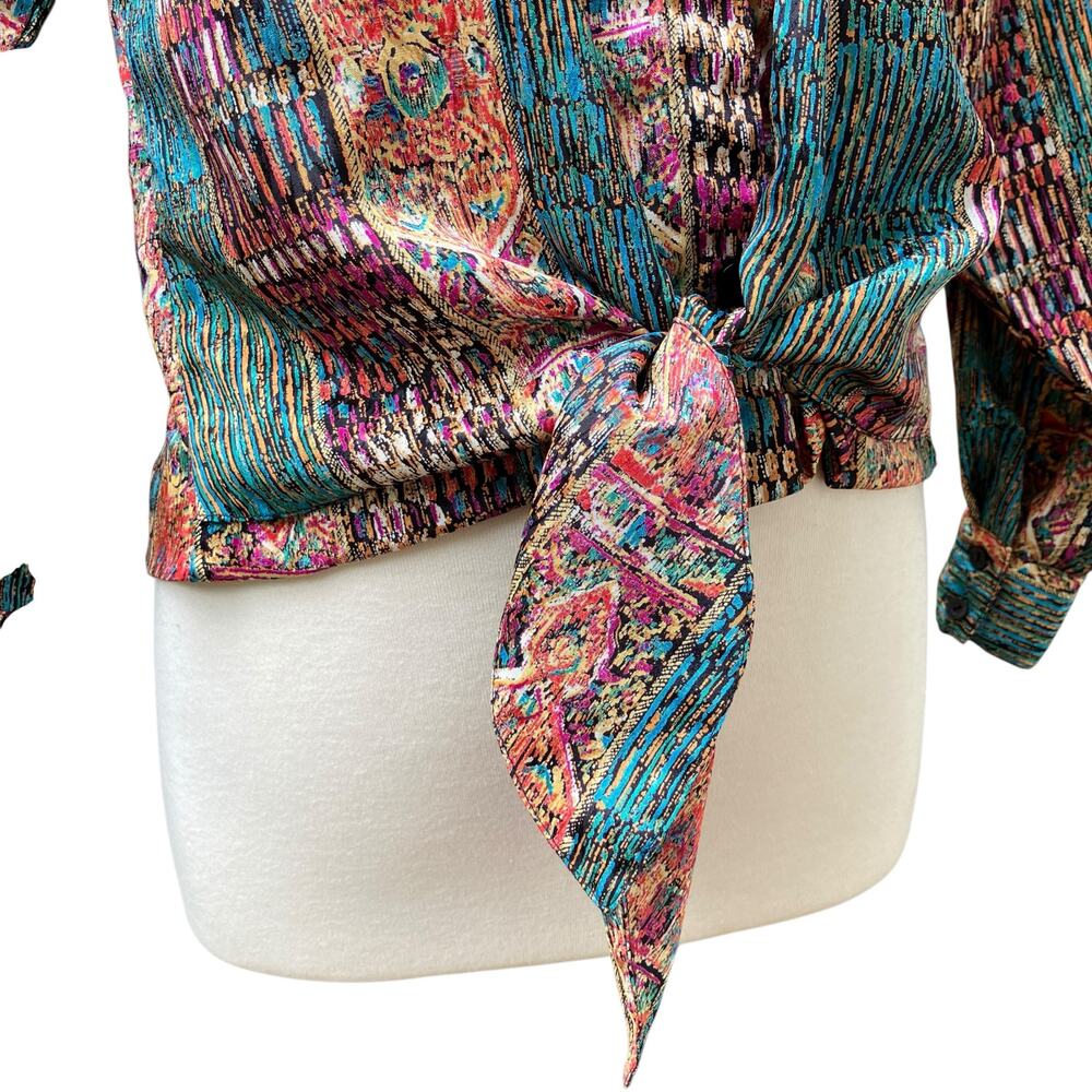 VTG Artsy Patchwork Multi-Print Blouse Sz Md Colorful Tie Front Button Down Top - Picture 3 of 13